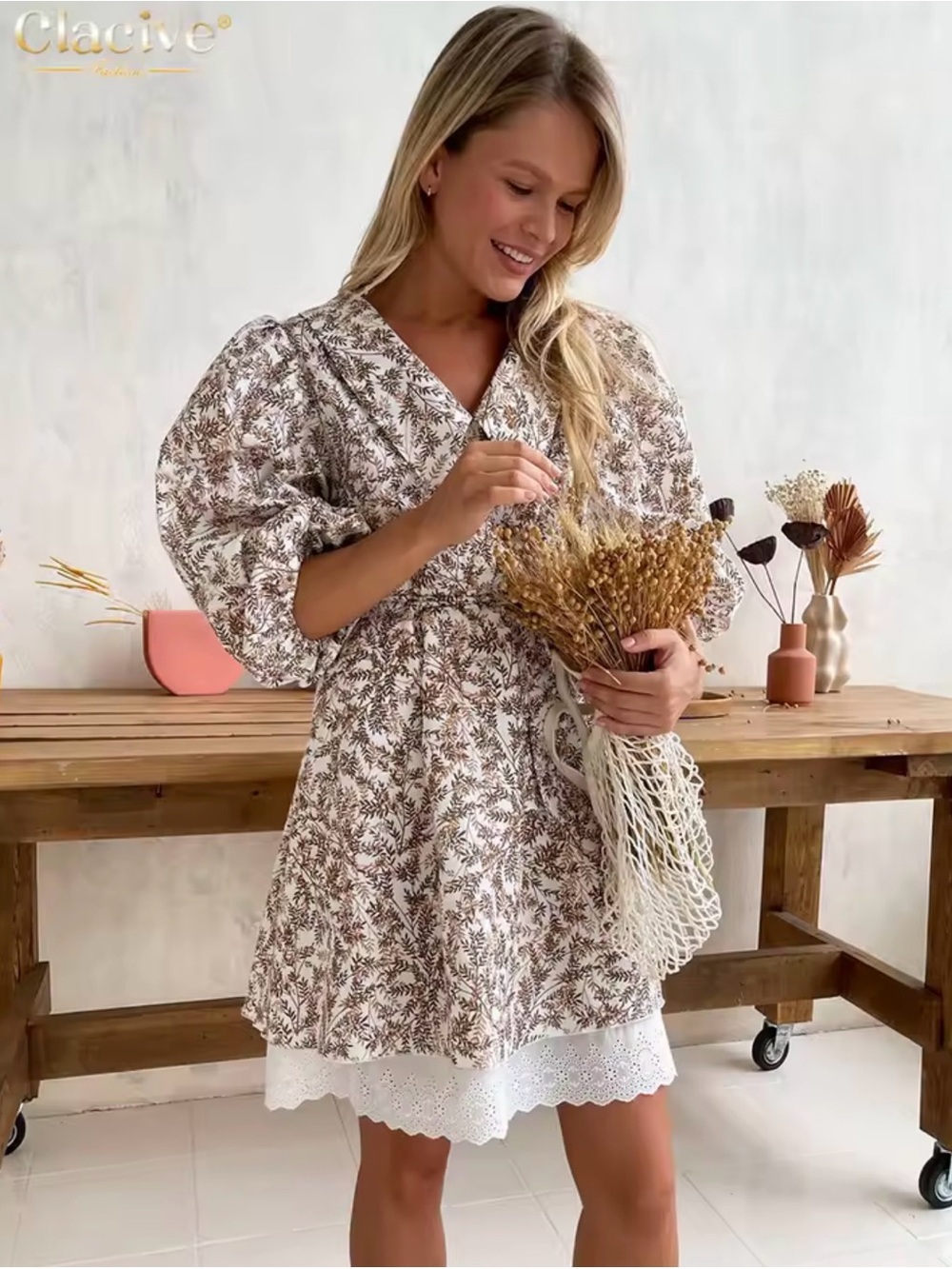 Floral Wrap Mini Dress in Beige